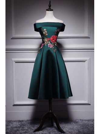 Dark Green Off Shoulder Tea Length Party Dress with Flowers