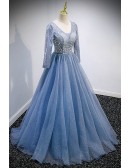 Vneck Long Sleeved Blue Sparkly Ballgown Prom Dress