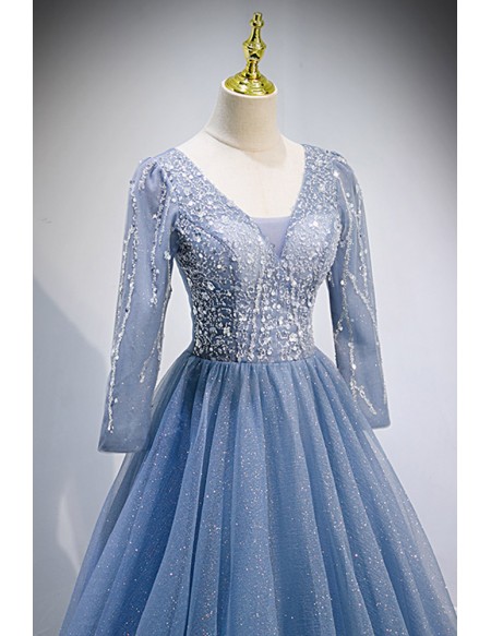 Vneck Long Sleeved Blue Sparkly Ballgown Prom Dress