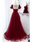 Flowy Long Tulle Burgundy Red Prom Dress with Sleeves