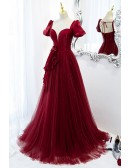 Flowy Long Tulle Burgundy Red Prom Dress with Sleeves