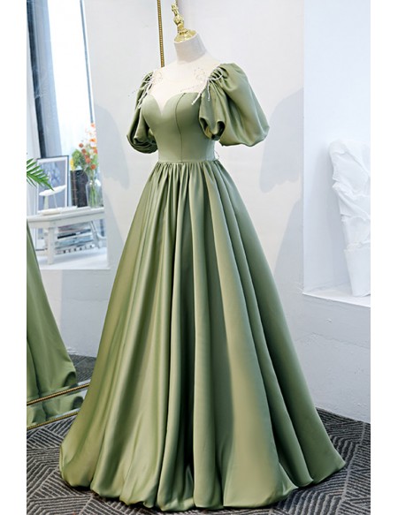Princess Bubble Sleeved Green Satin Prom Dress