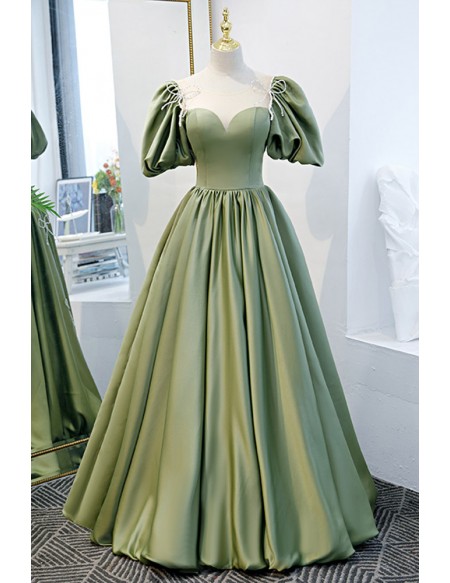 Princess Bubble Sleeved Green Satin Prom Dress