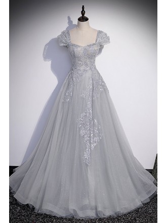 Grey Tulle Long Prom Dress with Embroidered Sequins