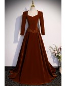 Modest Long Sleeved Brown Velvet Evening Dress with Keyhole Back
