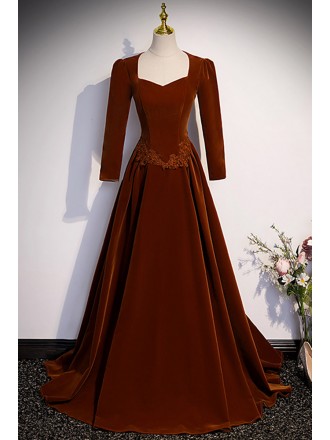 Modest Long Sleeved Brown Velvet Evening Dress with Keyhole Back