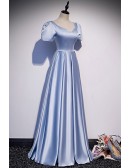 Modest Blue Long Satin Aline Prom Dress with Short Sleeves