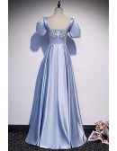 Modest Blue Long Satin Aline Prom Dress with Short Sleeves