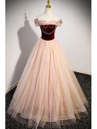 Ballgown Pink Tulle with Velvet Off Shoulder Prom Dress