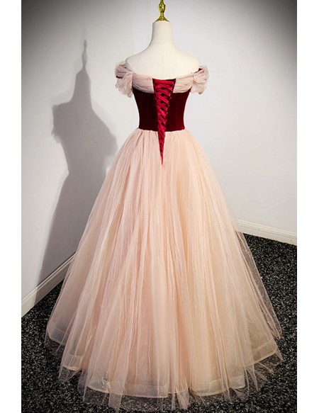 Ballgown Pink Tulle with Velvet Off Shoulder Prom Dress