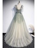 Beautiful Dusty Green Tulle Prom Dress with Bling Straps