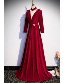 Deep Vneck Burgundy Formal Long Velvet Dress with Long Sleeves
