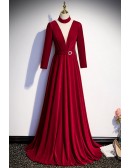 Deep Vneck Burgundy Formal Long Velvet Dress with Long Sleeves