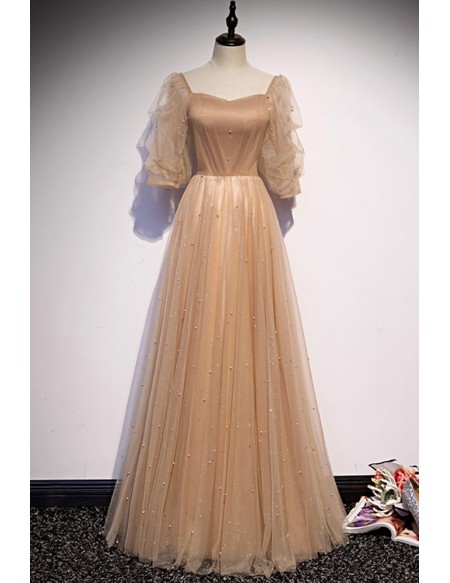 Elegant Half Sleeved Champagne Aline Prom Dress with Beadings