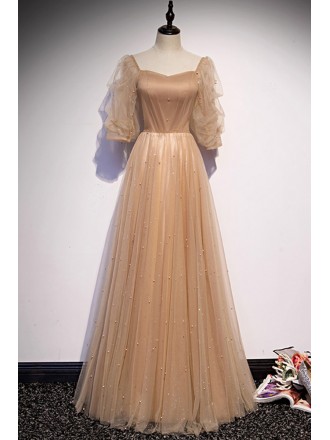 Elegant Half Sleeved Champagne Aline Prom Dress with Beadings