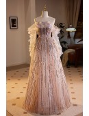 Unique Off Shoulder Sleeved Long Tulle Prom Dress with Sequins