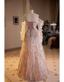 Unique Off Shoulder Sleeved Long Tulle Prom Dress with Sequins