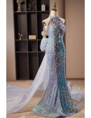 Sparkly Mermaid Long Halter Blue Prom Dress with Big Bow Long Train