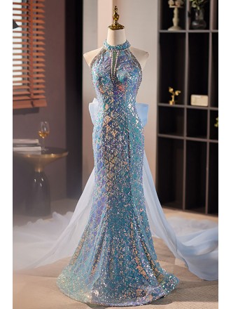 Sparkly Mermaid Long Halter Blue Prom Dress with Big Bow Long Train