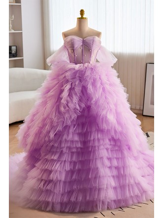 Purple Puffy Tulle Ballgown Prom Dress Off Shoulder with Ruffles