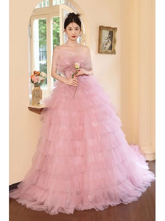 Pink Tulle Ruffled Strapless Ballgown Prom Dress with Train