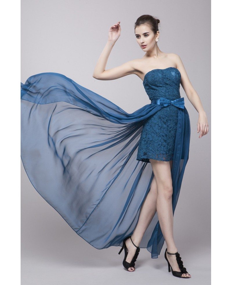 High Low Blue Lace Prom Dress Strapless #CK77 $82.4 - GemGrace.com