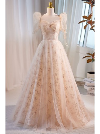 Beautiful Champagne Flowy Long Tulle Prom Dress with Bubble Sleeves