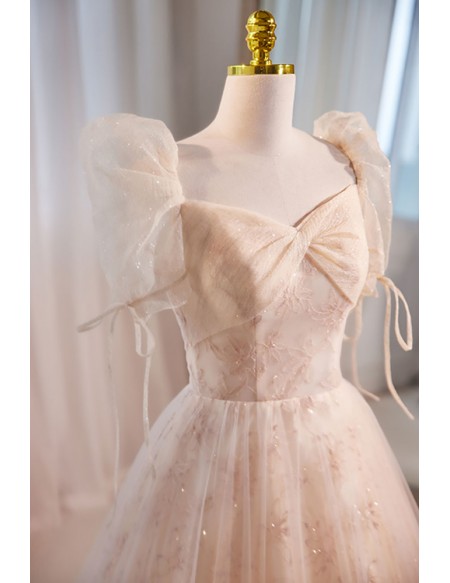 Beautiful Champagne Flowy Long Tulle Prom Dress with Bubble Sleeves