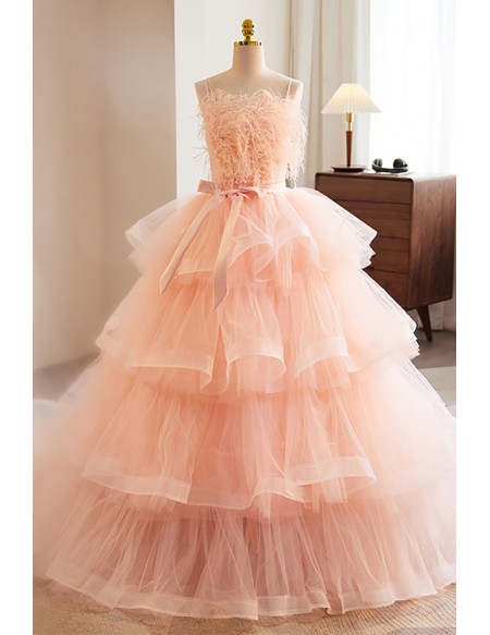 Princess Pink Tulle Ruffle Ballgown Prom Dress with Feathers