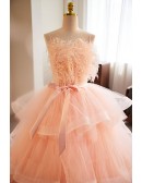 Princess Pink Tulle Ruffle Ballgown Prom Dress with Feathers