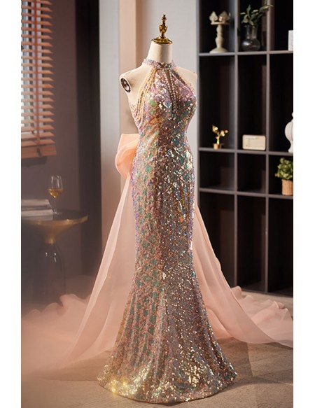 Sparkly Mermaid Long Halter Prom Dress with Big Bow Long Train