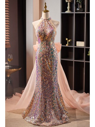 Sparkly Mermaid Long Halter Prom Dress with Big Bow Long Train