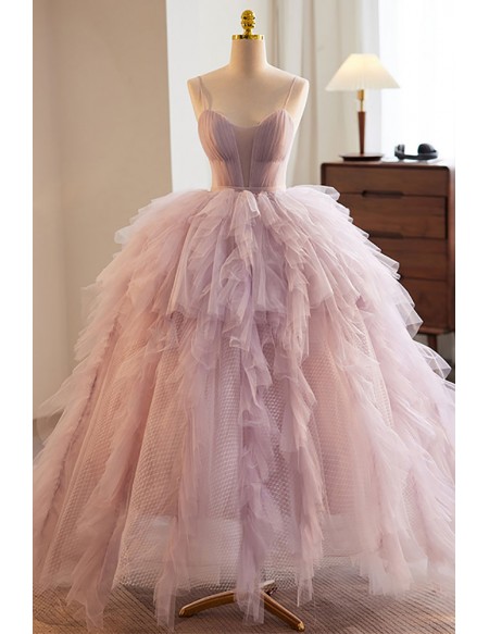 Unique Pink Ruffled Puffy Tulle Ballgown Formal Prom Dress with Straps