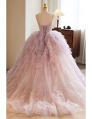 Unique Pink Ruffled Puffy Tulle Ballgown Formal Prom Dress with Straps