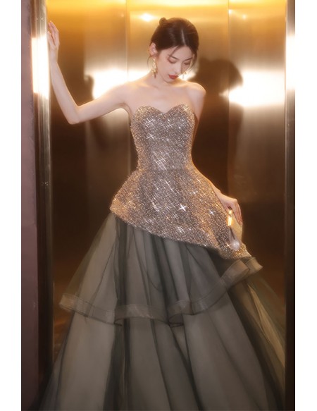Silver Sequined Ruffled Ballgown Prom Dress with Bling
