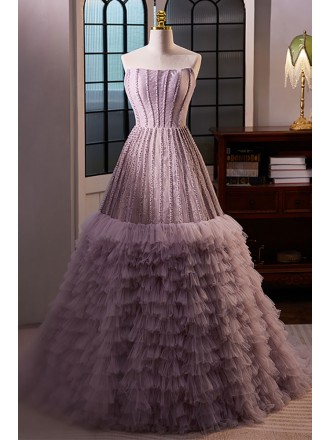 Unique Light Purple Strapless Prom Dress with Ruffles