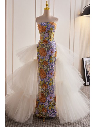 Unique Strapless Flowers Formal Dress with Removable Train