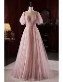 Pink Sheer Neck Sequined Tulle Prom Dress with Puffy Sleeves