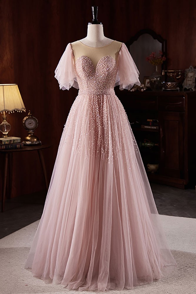 Light Glitter Fabric Pink Sequined Tulle Pink Sheer Neck Sequined Tulle  Prom Dress With Puffy Sleeves #MX18092