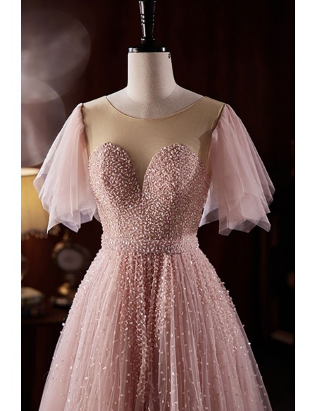 Pink Sheer Neck Sequined Tulle Prom Dress with Puffy Sleeves