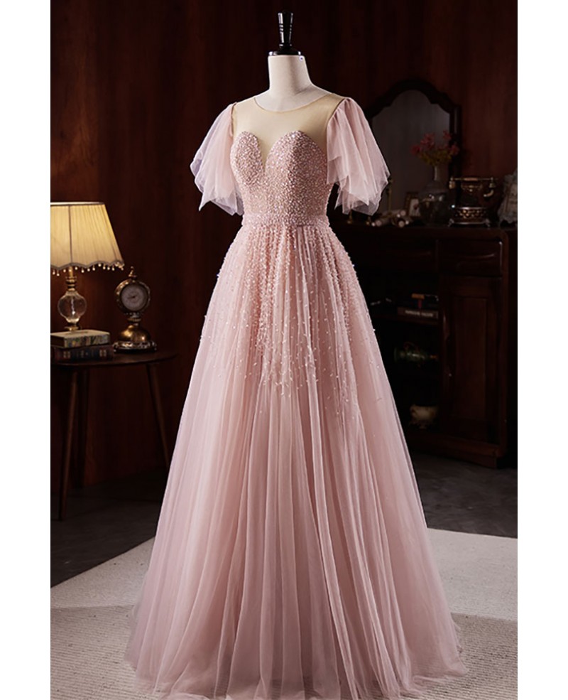 Pink Sheer Neck Sequined Tulle Prom Dress with Puffy Sleeves #MX18092 ...