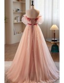 Gorgeous Pink Tulle Off Shoulder Ballgown Prom Dress with Beadings