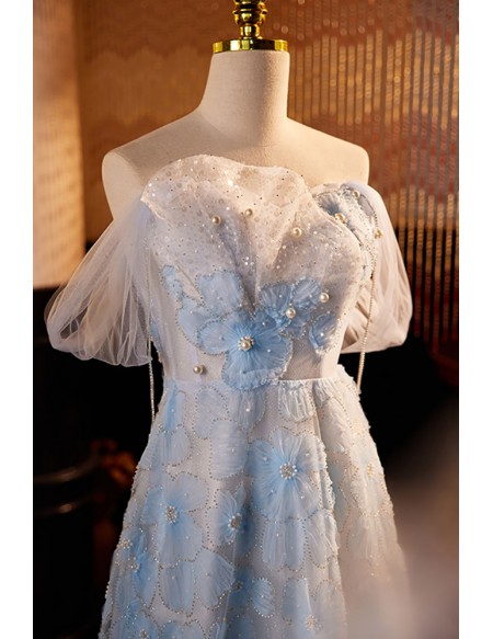 Unique Blue Beaded Flowers Dreamy Prom Dress with Beadings