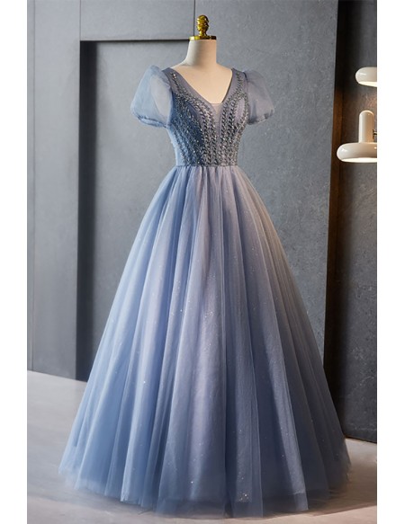 Modest Blue Tulle Ballgown Prom Dress with Beadings Short Sleeved