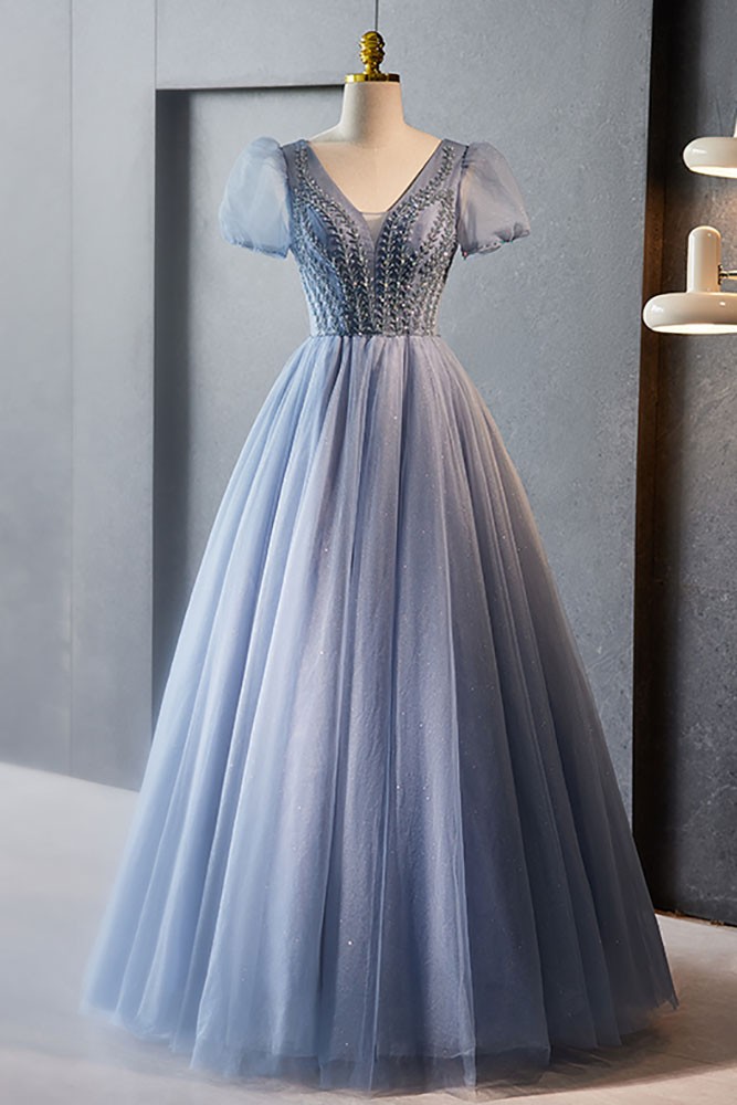 Modest Blue Tulle Ballgown Prom Dress with Beadings Short Sleeved # ...