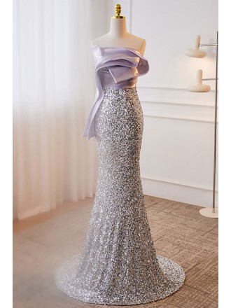 Elegant Purple And Silver Sequined Evening Prom Dress Strapless