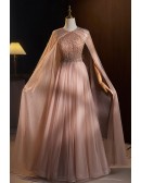 High-end Sequined Aline Tulle Prom Dress with Flowy Cape