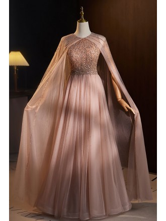 High-end Sequined Aline Tulle Prom Dress with Flowy Cape