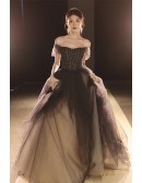 Black Tulle Off Shoulder Ballgown Long Prom Dress with Bling