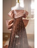 Pleated Off Shoulder Sequined Prom Dress with Big Bow In Back